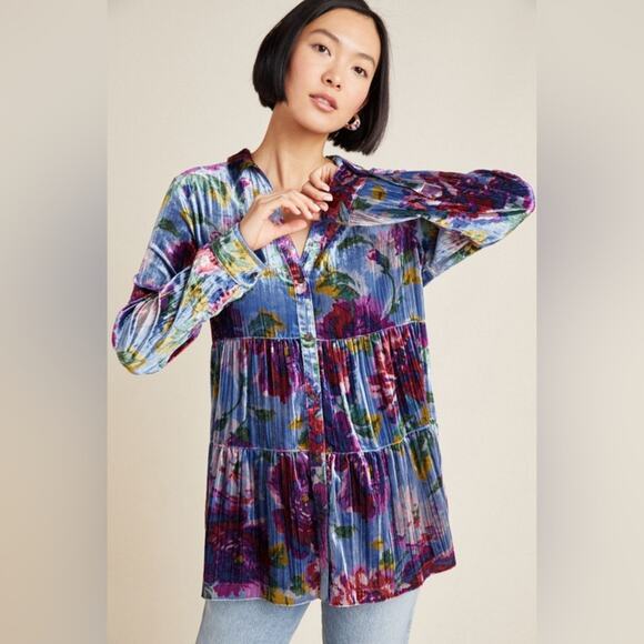 Anthropologie Maeve | Reverie Tiered Velvet Floral Tunic Bloomcore Boho Blue XS - Picture 2 of 13